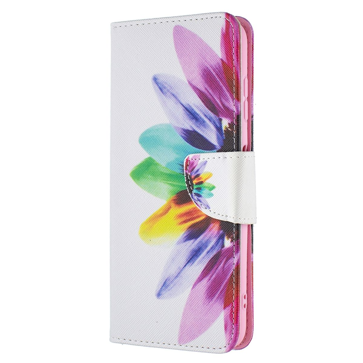 Weiße Handyhülle mit buntem Blumendesign. Pinkfarbenes Innenfutter. Geöffnet, mit weißem Verschluss.