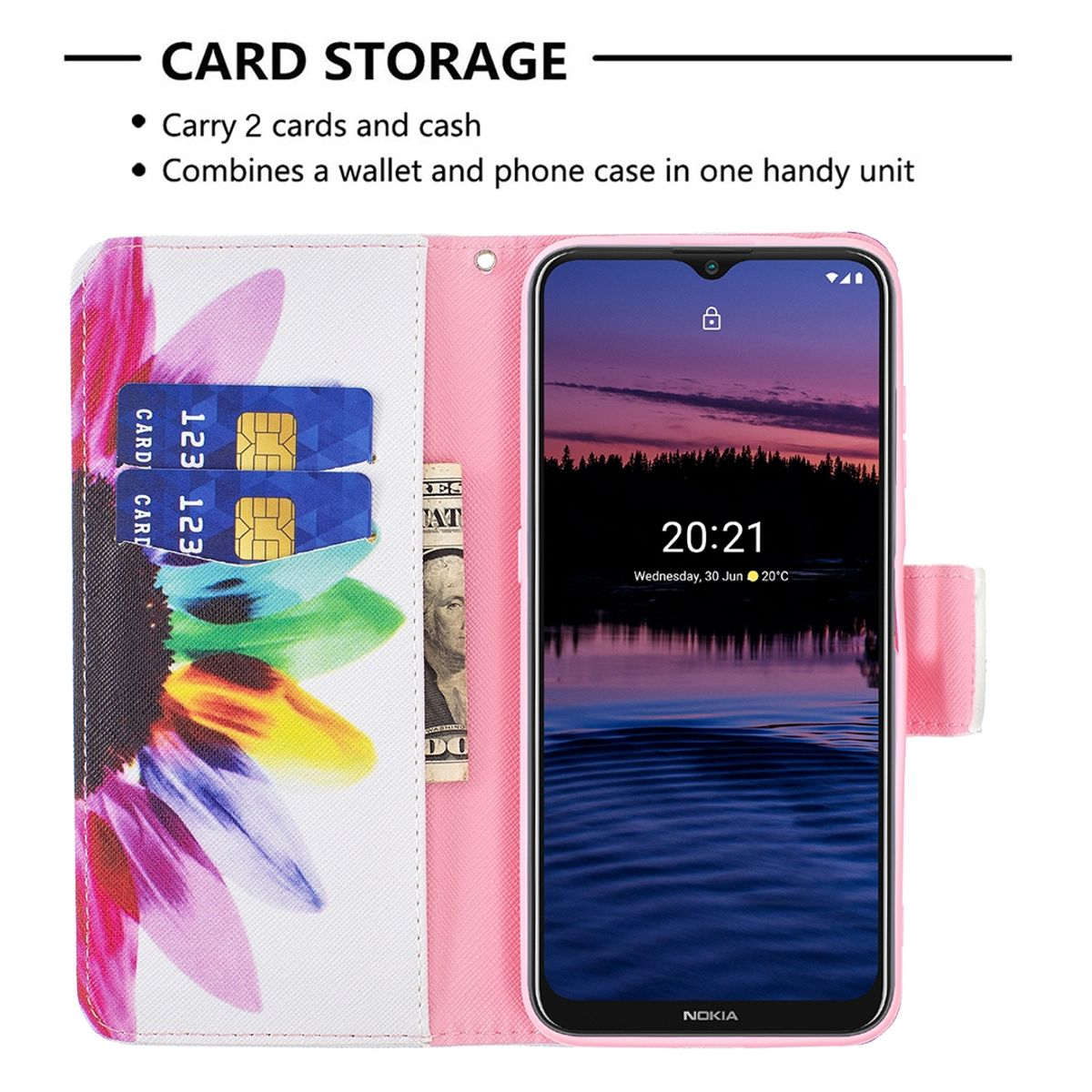 Pinke Handyhülle mit Karten und Geld, schwarzes Handy. Text: Kartenaufbewahrung.