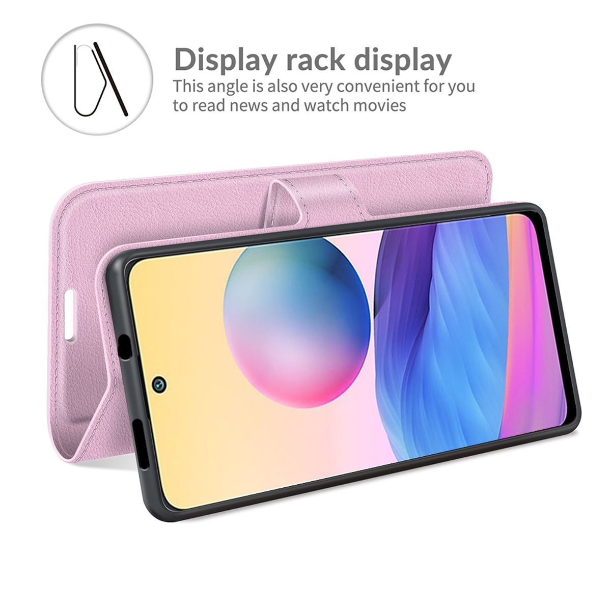 Rosa Handyhülle mit Telefon. Im Hintergrund ist ein Ständer zu sehen. Weißer Hintergrund.