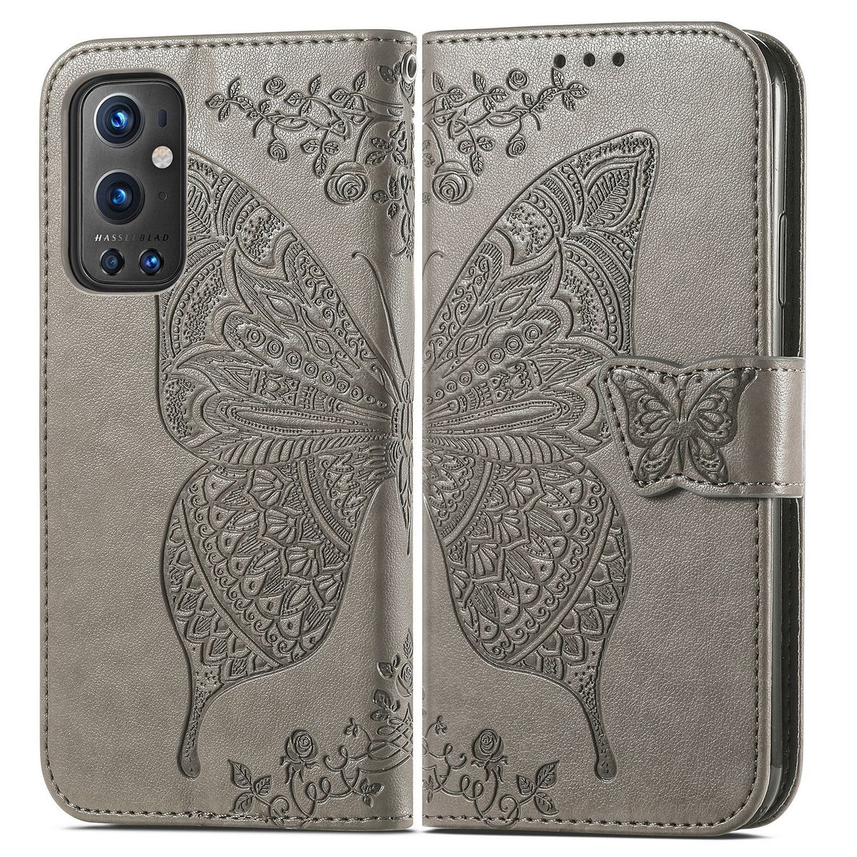 Geöffnete graue Handyhülle mit Schmetterlingsdesign, florale Akzente.