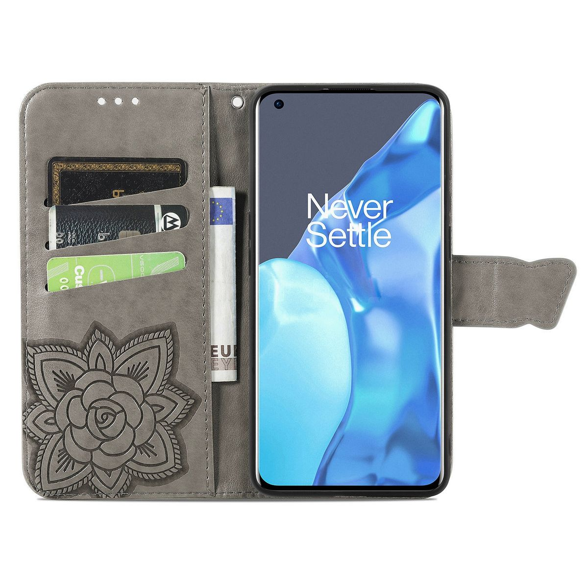 Graue Handyhülle mit Kartenfächern, Geldbörse. Telefonbildschirm sichtbar.