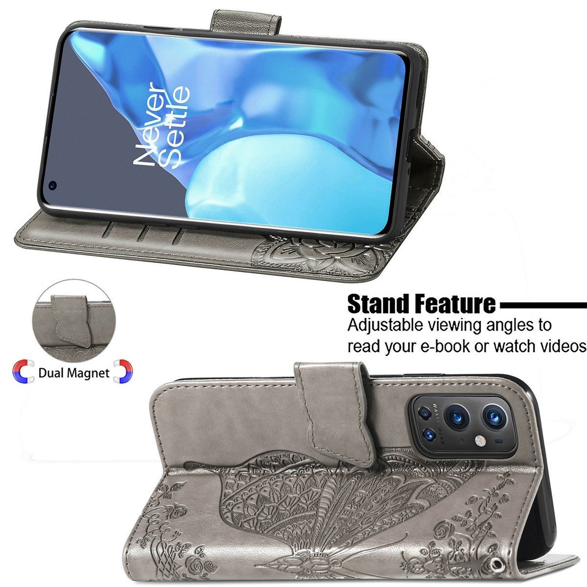 Graue Handyhülle offen, mit Handy. Schmetterlingsdesign. Standfunktion.