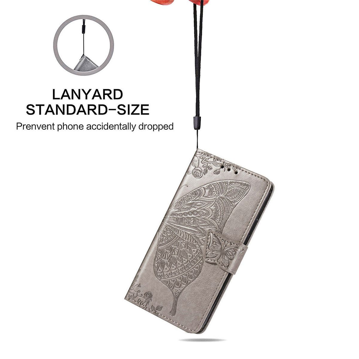 Silberne Handyhülle mit Schmetterlingsdesign. Mit Lanyard. Die Hülle ist geöffnet.