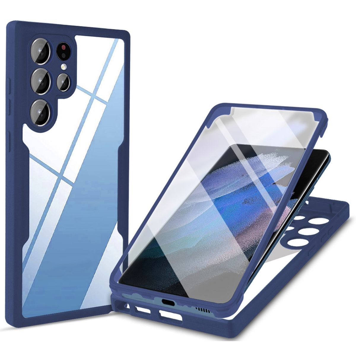 Blaue und transparente Handyhülle, Telefon teilweise drin.
