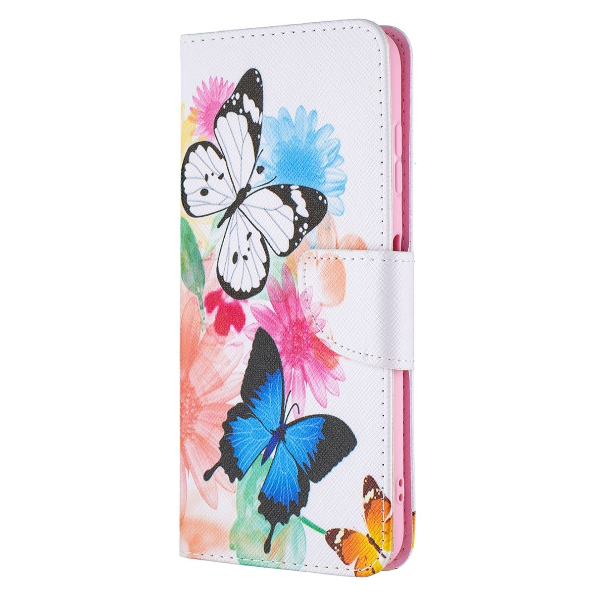 Weiße Handyhülle mit Schmetterlingen und Blumen. Das Design hat schwarze, weiße und blaue Schmetterlinge.