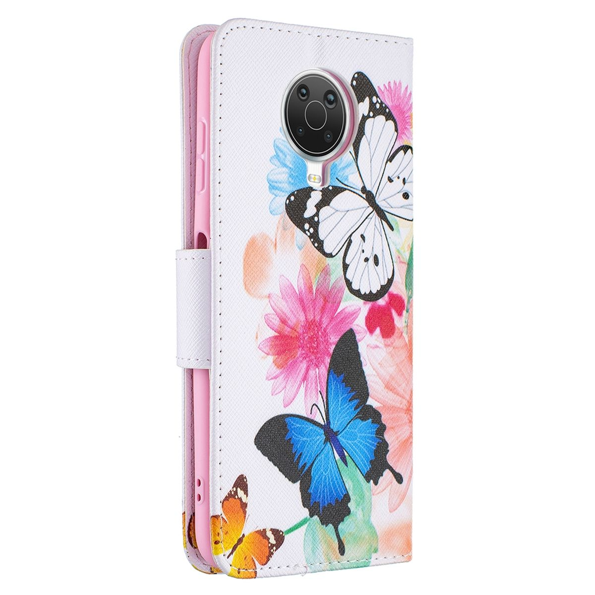 Eine weiße Handyhülle mit Schmetterlingen und Blumen bedruckt. Ein Telefon ist drin.