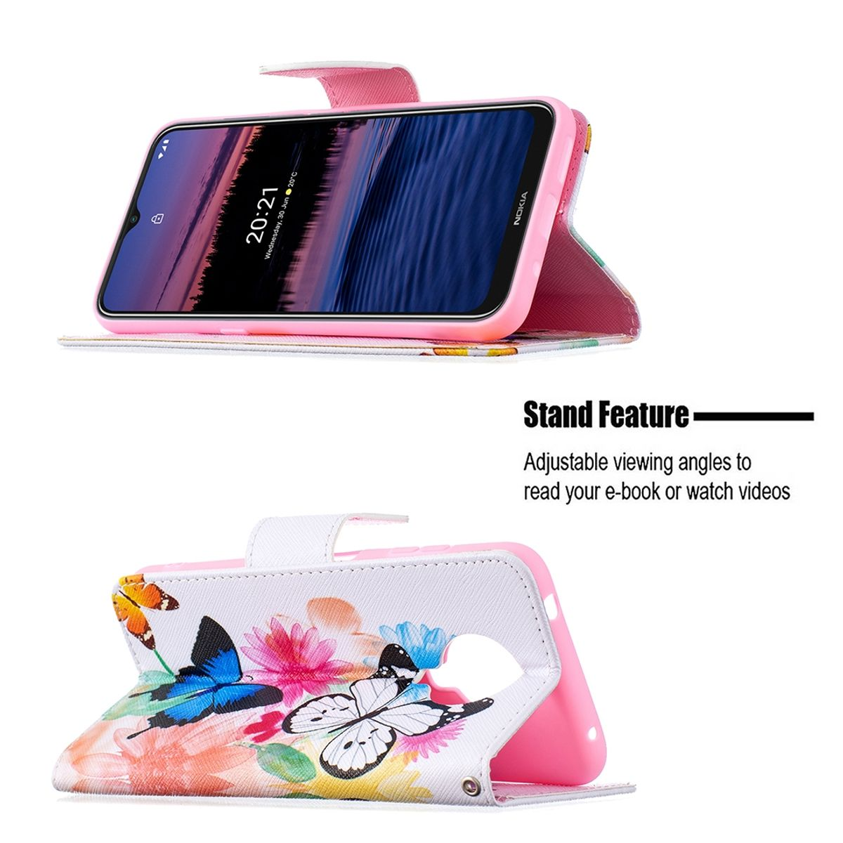 Geöffnete rosa Handyhülle mit einem Telefon, das einen Bildschirm anzeigt, und einer Ständerfunktion mit Schmetterlingen.