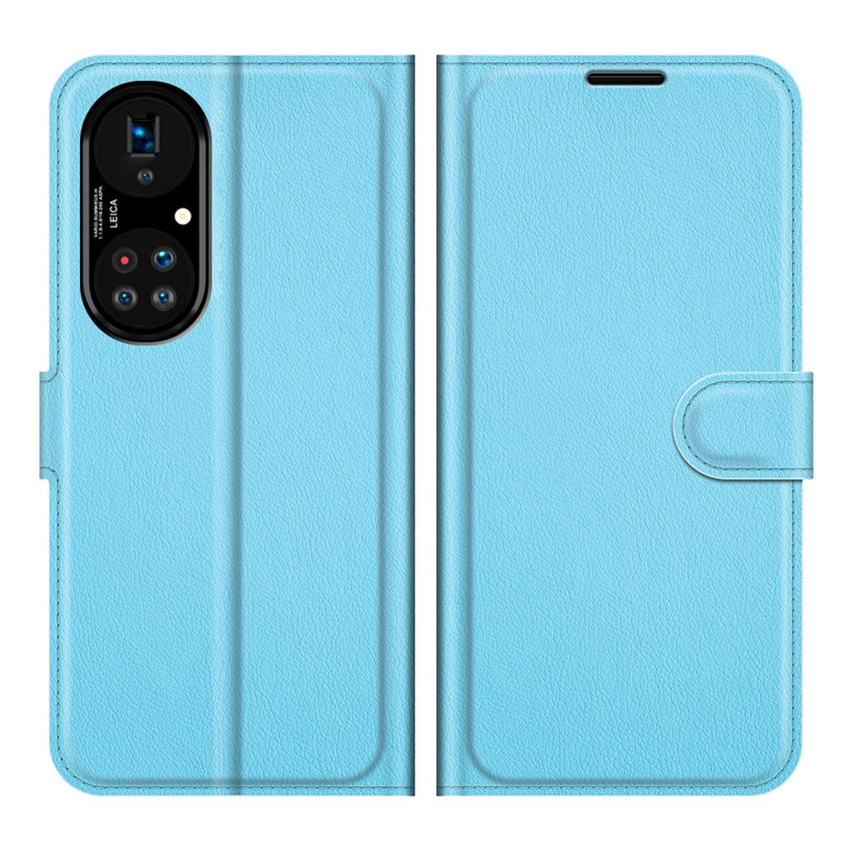 Hellblaue Handyhülle, offen, zeigt das Telefon und die Leica-Kamera.