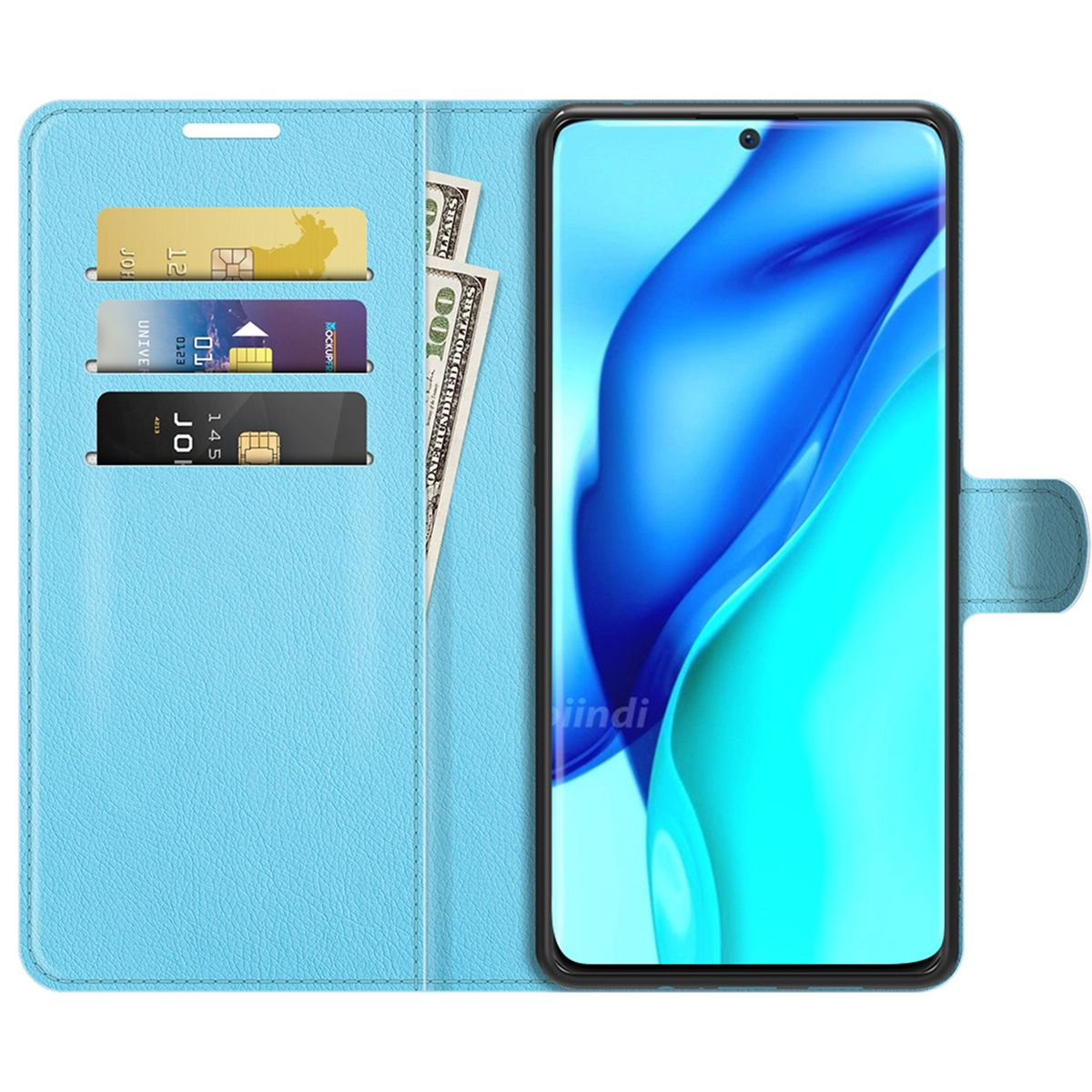 Hellblaue Handyhülle, offen, mit Telefon und Fächern für Karten und Geld.