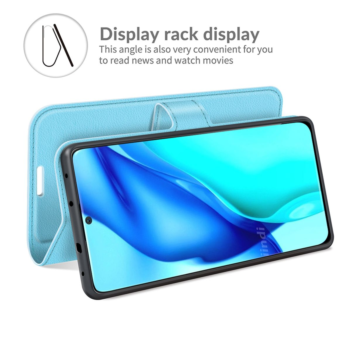 Hellblaue Handyhülle mit Telefon, das einen blauen Bildschirm anzeigt.