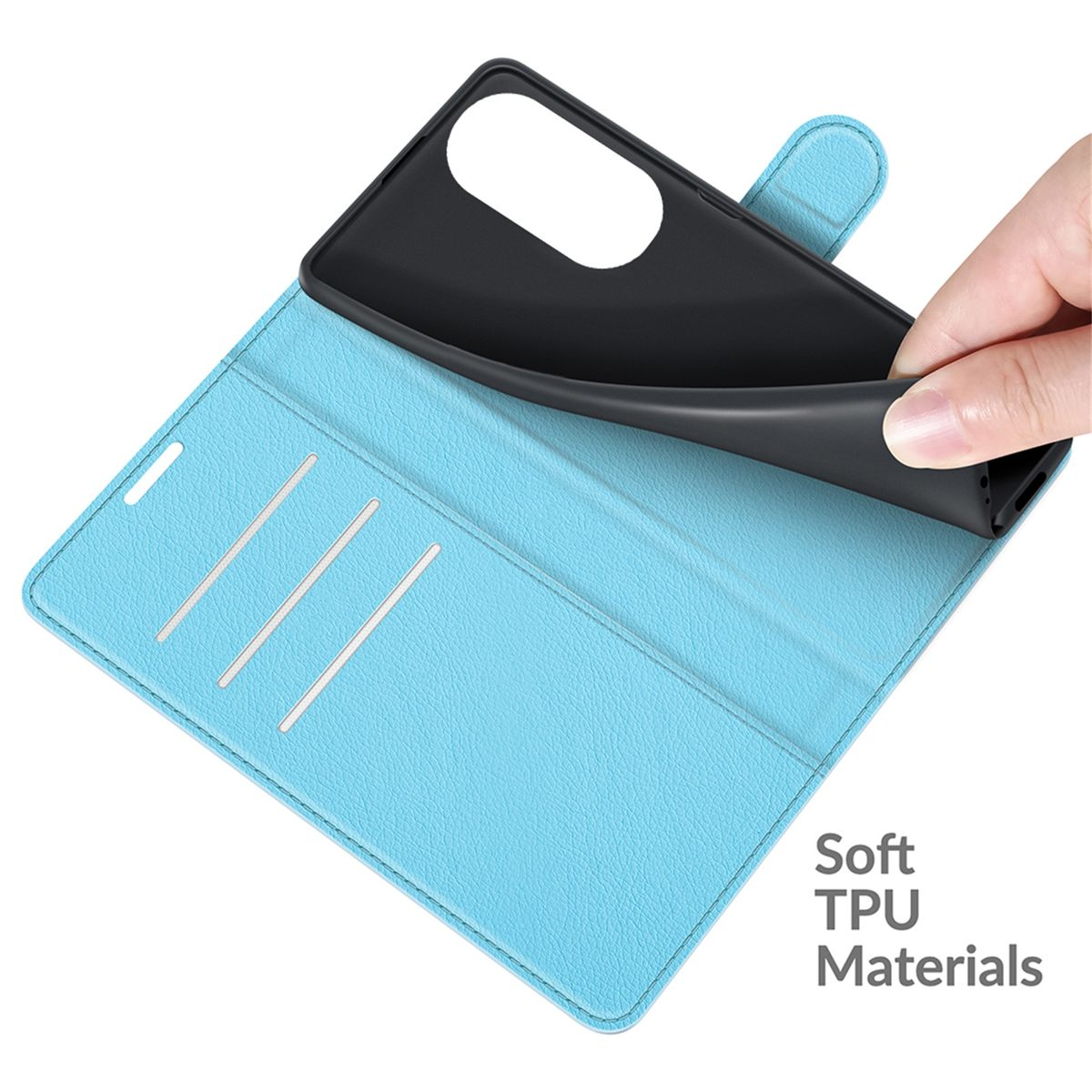Offene blaue Handyhülle mit schwarzer Handyhülle im Inneren. Text lautet: Soft TPU Materials.