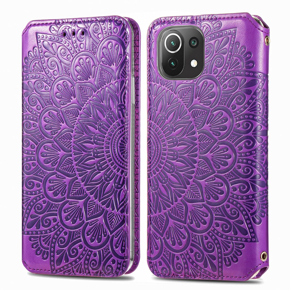 Lila Handyhülle, offen, mit Telefon und Kamera. Mandala-Design. Leder.