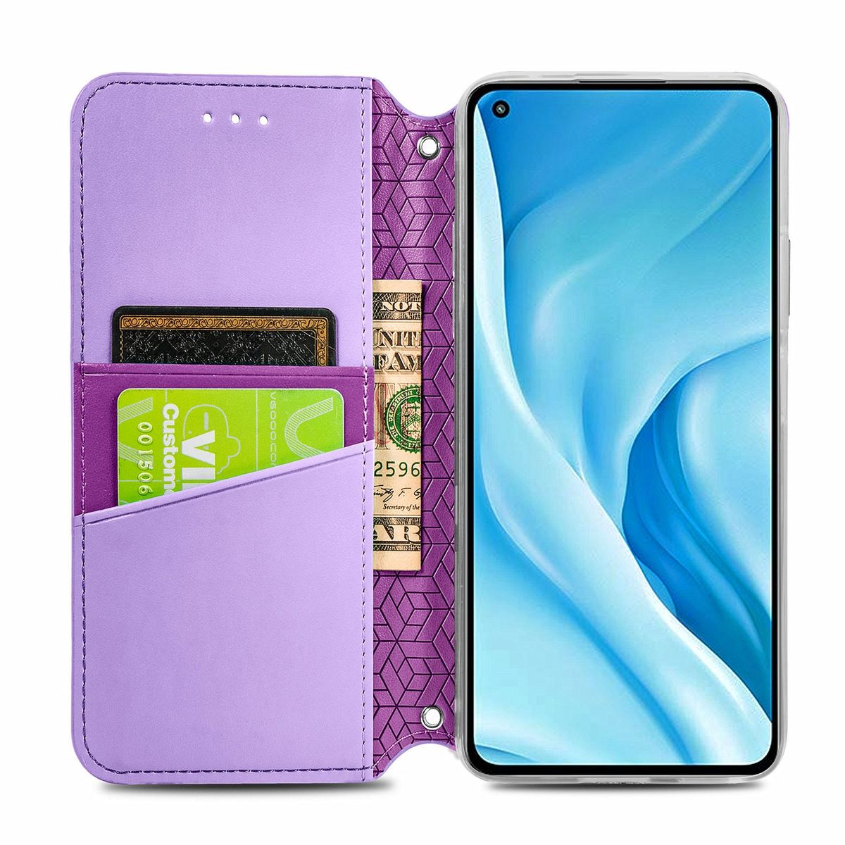 Lila Handyhülle mit Karten, Bargeld und Telefon. Weißer Hintergrund.
