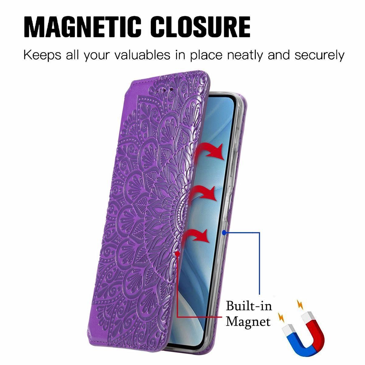 Lila Handyhülle mit Mandala-Design, mit Magnetverschluss geschlossen und einem eingebauten Magneten.