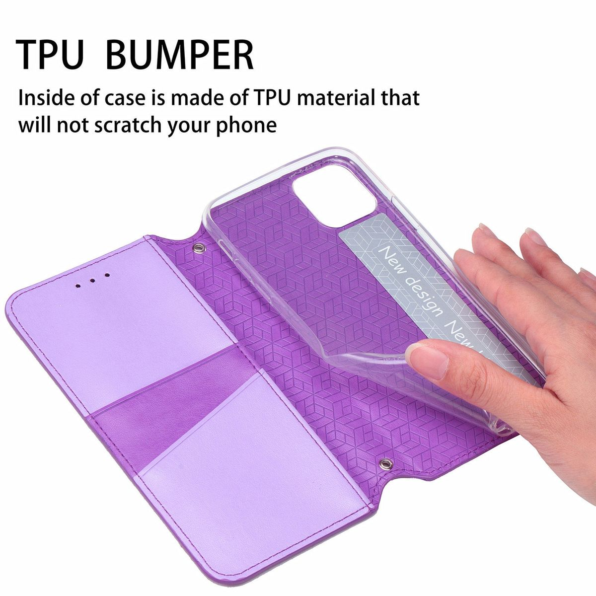Lila Handyhülle, geöffnet mit Telefon darin. Weißer Text: TPU BUMPER. Hand hält die Hülle.