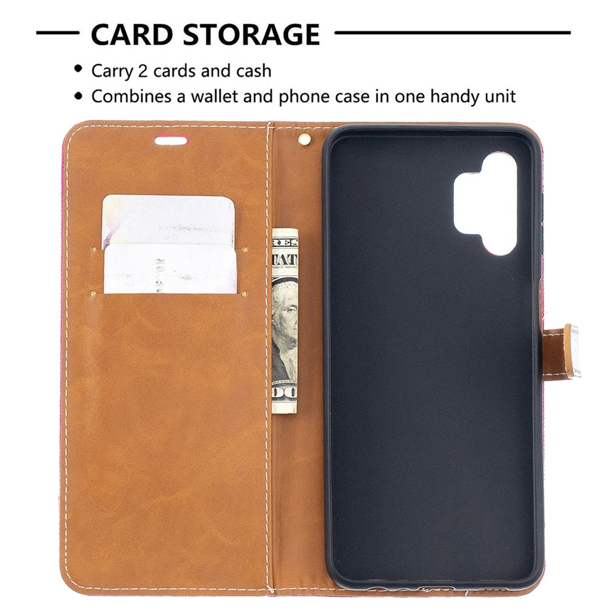 Geöffnete Handyhülle, die eine Karte und Geld zeigt. Handyhülle mit Telefon im Inneren.