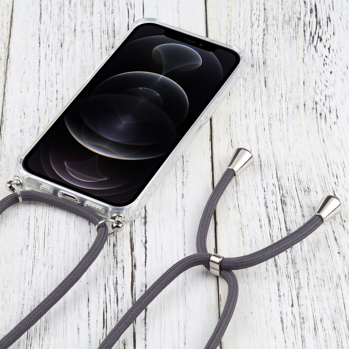 Transparente Handyhülle mit Lanyard. Graues Kabel und silberne Akzente.