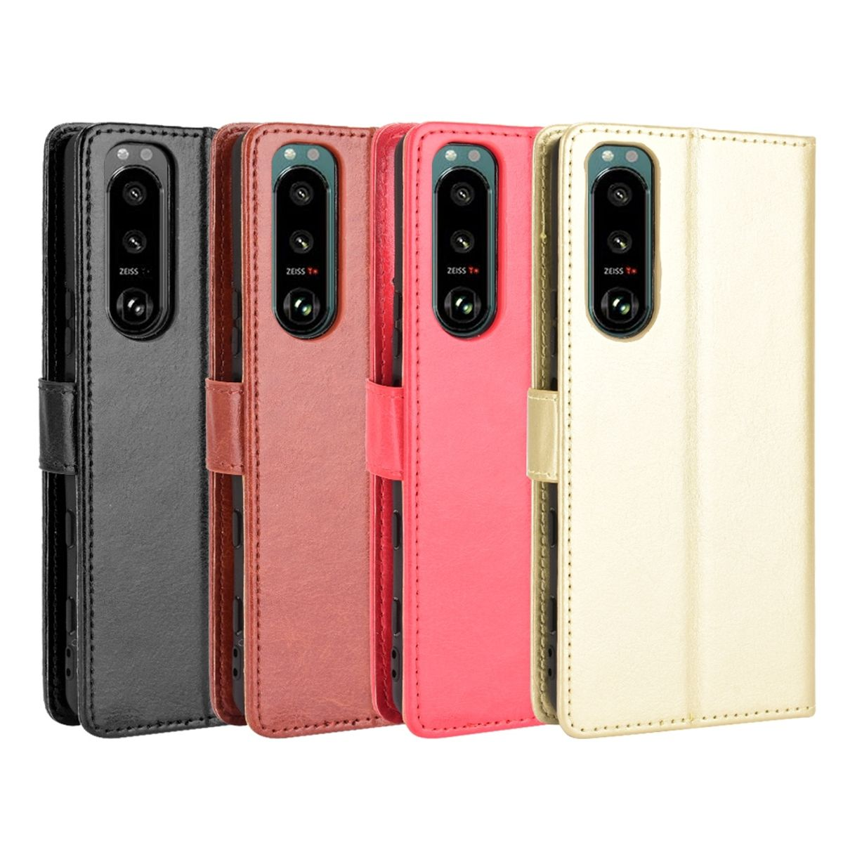 Vier Leder-Handyhüllen in Schwarz, Braun, Rot und Gold.