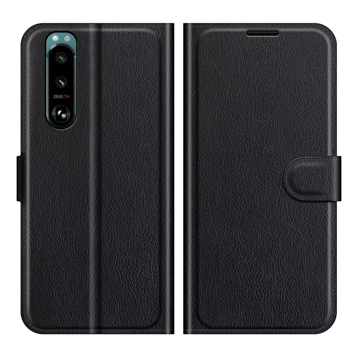 Eine schwarze Handyhülle geschlossen. Das Telefon hat drei Kameras. Der Hintergrund ist Leder.