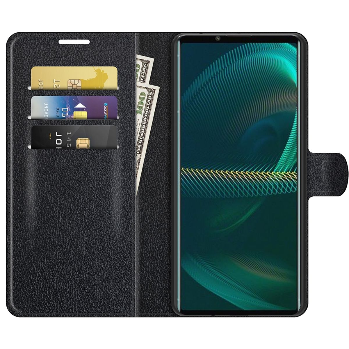 Eine schwarze Handyhülle ist geöffnet und zeigt Karten, Geld und ein Telefon.