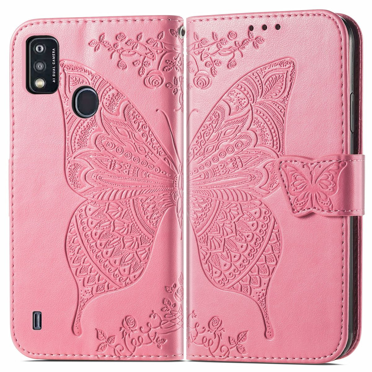 Rosa Handyhülle mit Schmetterlingsdesign, offen und geschlossen, mit Kamera- und Knopfdetails.