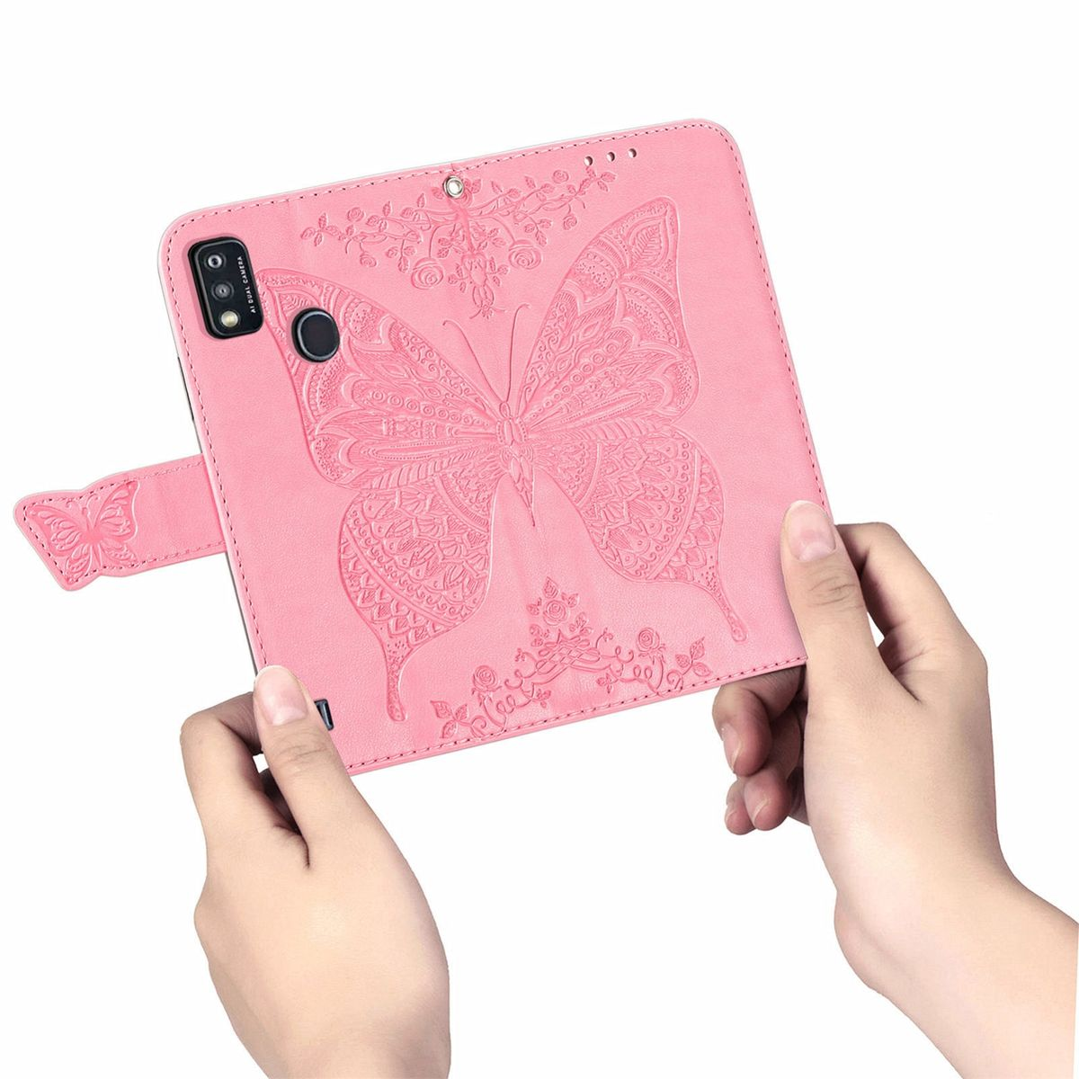 Pinke Handyhülle mit Schmetterlingsdesign. Eine Hand hält die geöffnete Hülle. Ein Schmetterlingsdesign.