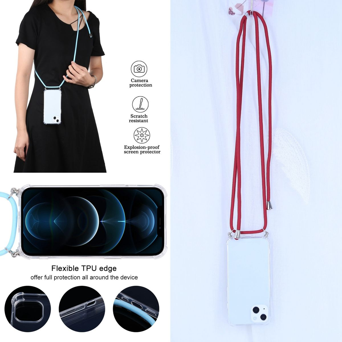 Eine Person hält ein Telefon mit einem Lanyard. Das Telefon befindet sich in einer transparenten Hülle. Zusätzliche Bilder zeigen Details.