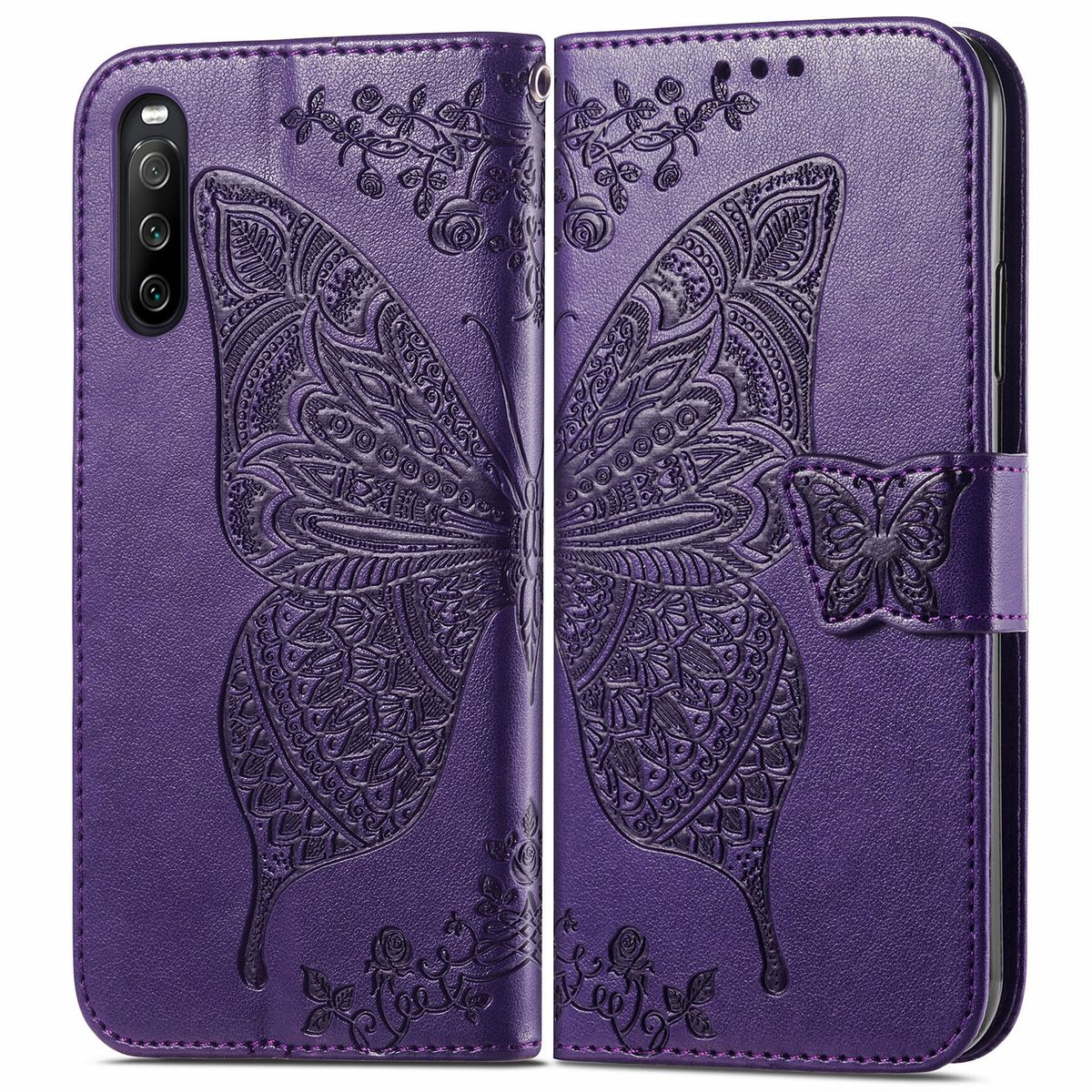 Lila Handyhülle mit Schmetterlingsdesign. Geöffnete Hülle zeigt das Handy darin.