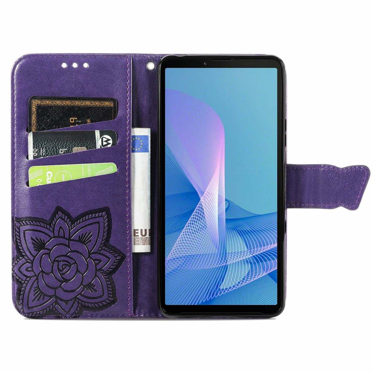 Offene lila Handyhülle mit Karten und einem Telefon.