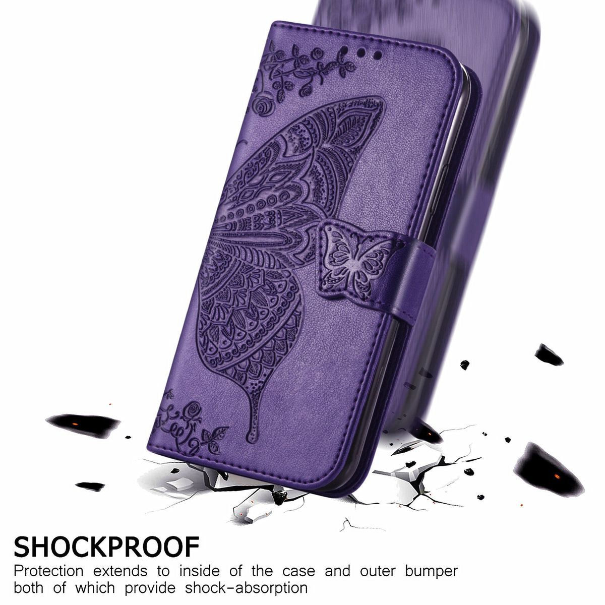 Violette Handyhülle mit Schmetterlingsdesign und Riss-Effekt.