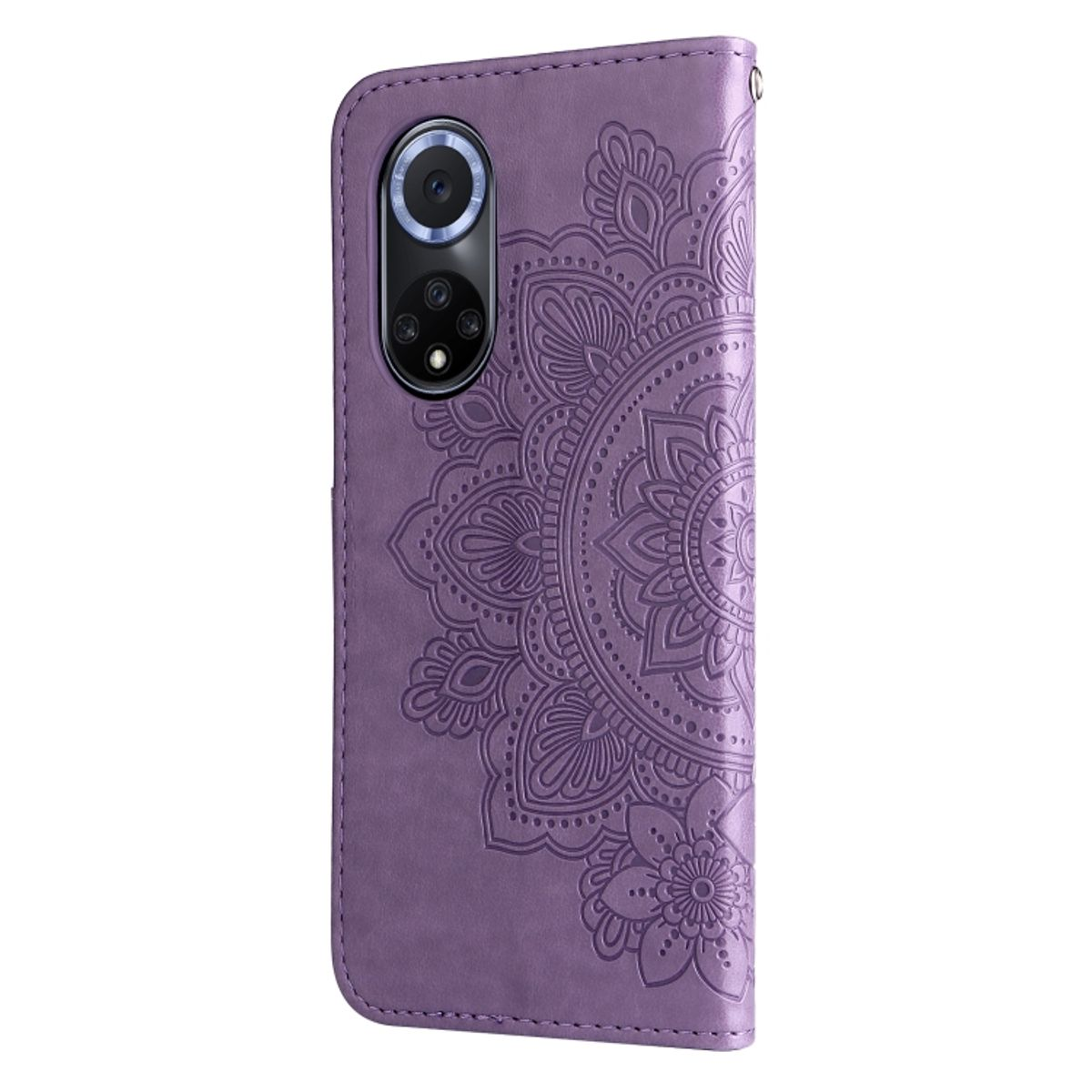 Lila Handyhülle mit Mandala-Design. Sie hat ein Kamera Loch und ist geschlossen.