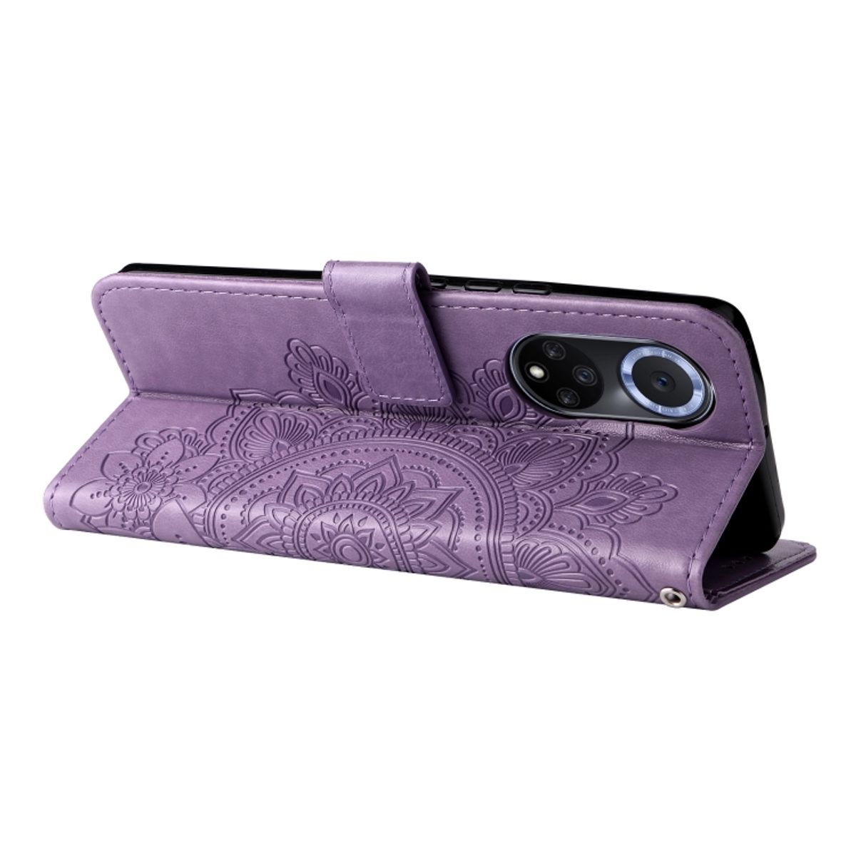 Lila Handyhülle mit geprägtem Blumendesign. Das Telefon befindet sich in der geöffneten Hülle.
