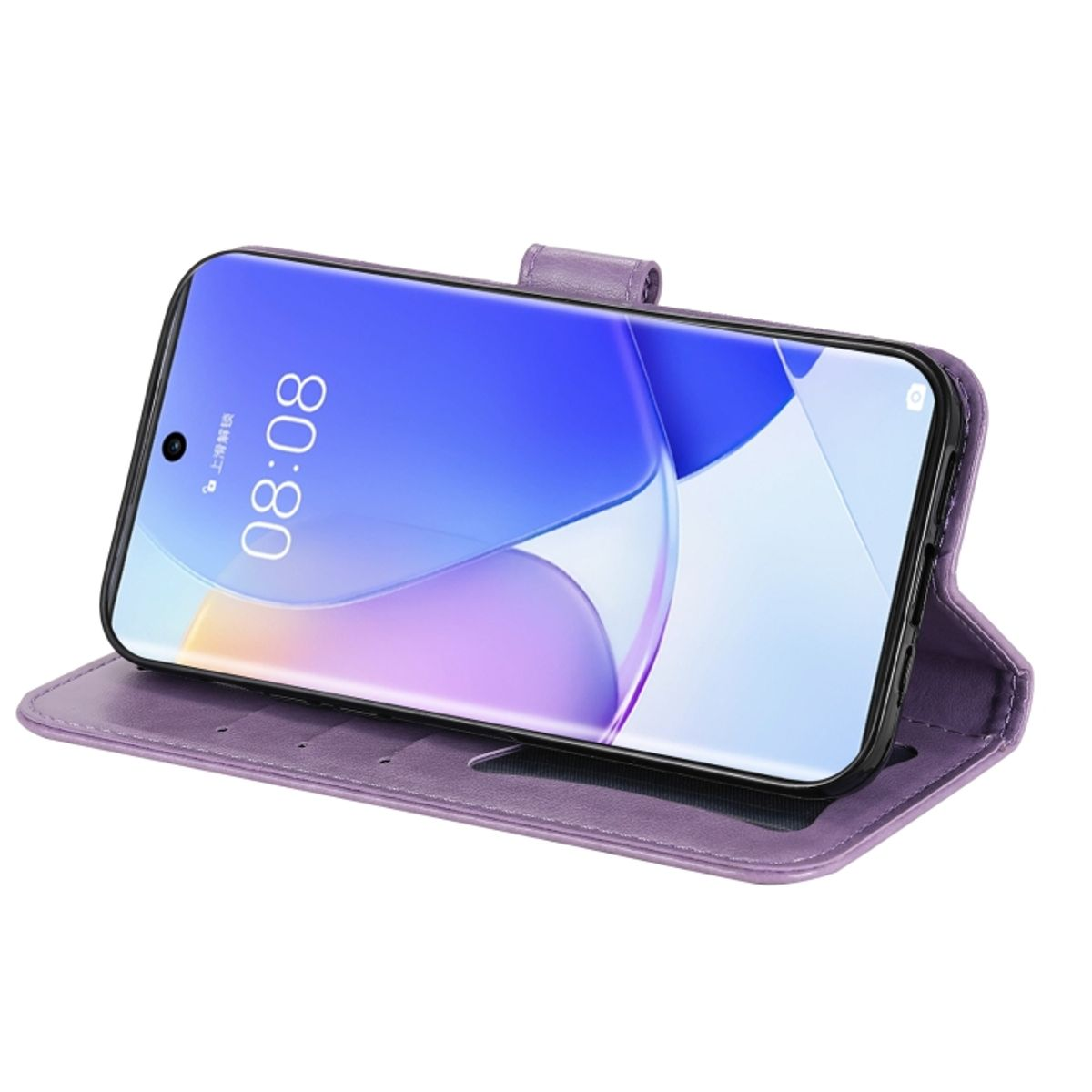 Lila Handyhülle mit einem Telefon darin. Der Bildschirm zeigt die Uhrzeit 08:08 an. Die Hülle ist offen.