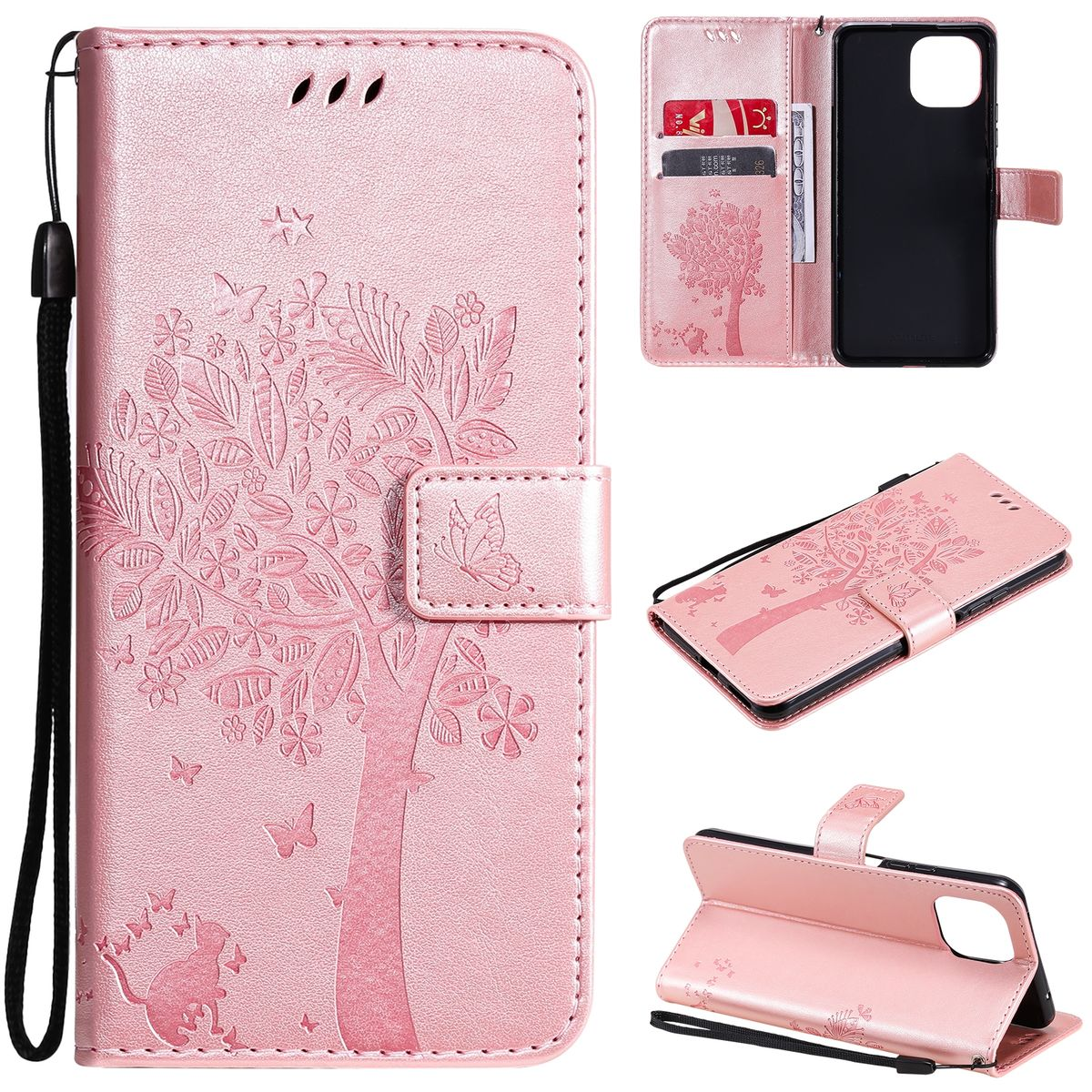 Rosa Handyhülle mit Baumdesign. Telefon ist in der Hülle. Enthält Kreditkarten. Standfunktion.