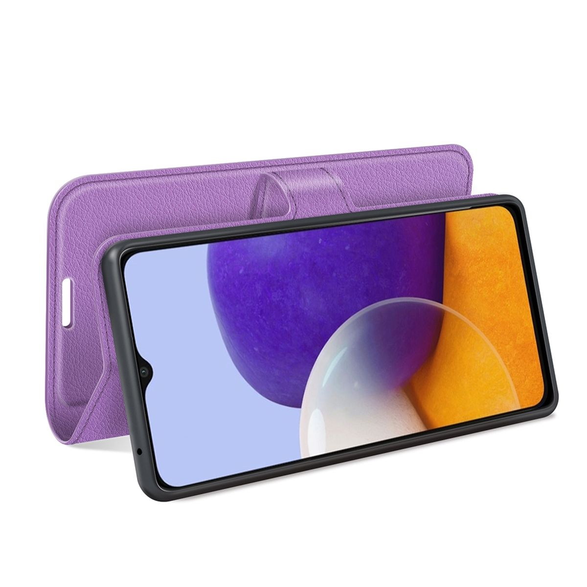 Lila Handyhülle mit Telefon, zeigt Bildschirm mit lila und orangefarbenem Hintergrund.