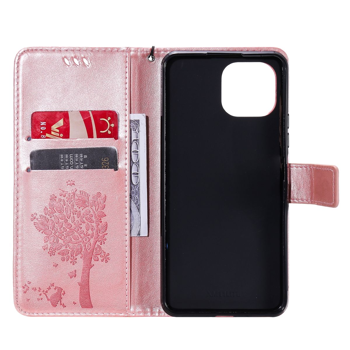 Eine pinke Handyhülle offen, mit Karten, einer Rechnung und einem Smartphone mit schwarzem Bildschirm.