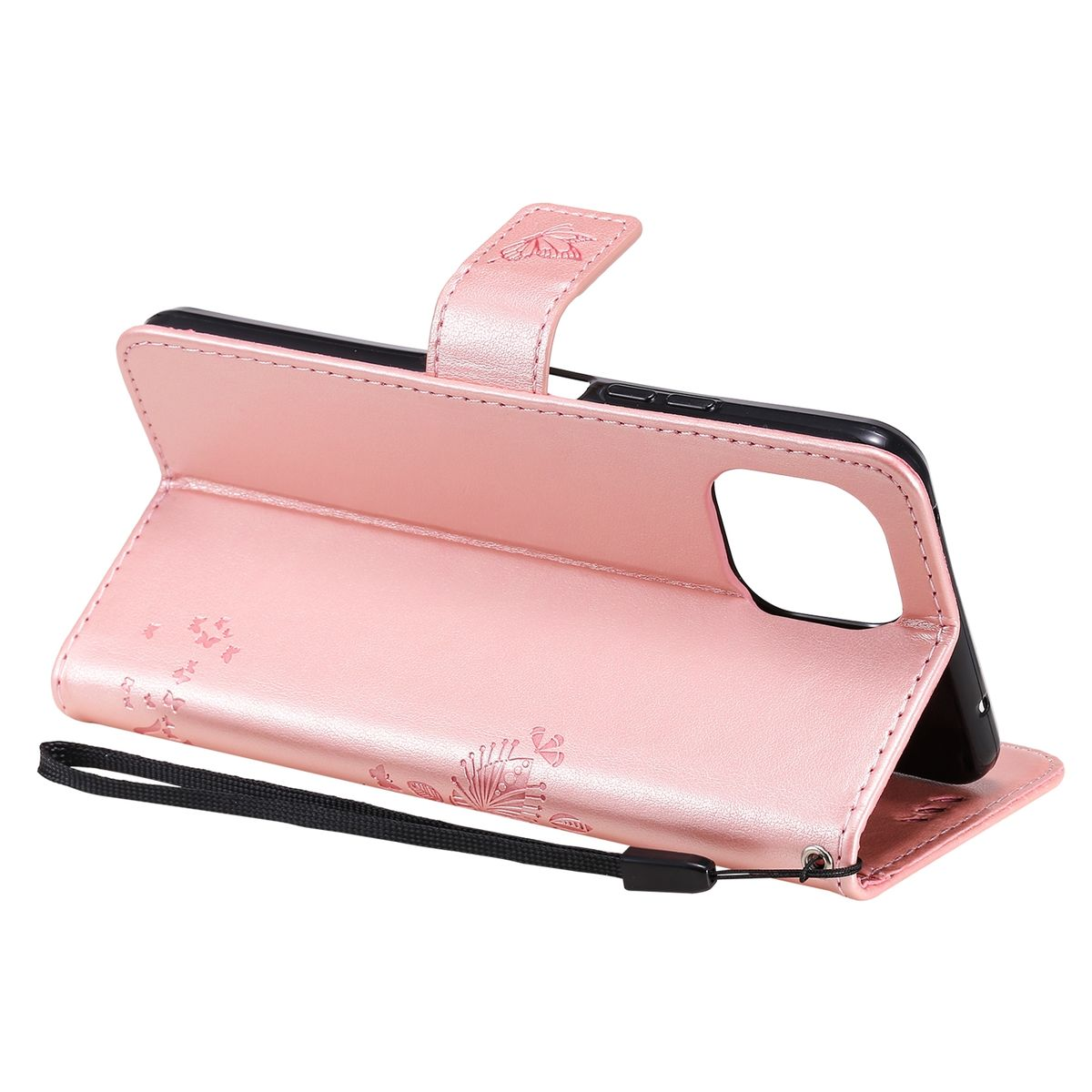 Pinkfarbene Handyhülle mit Riemen, offen. Die Hülle zeigt ein Telefon und Blumendesign.