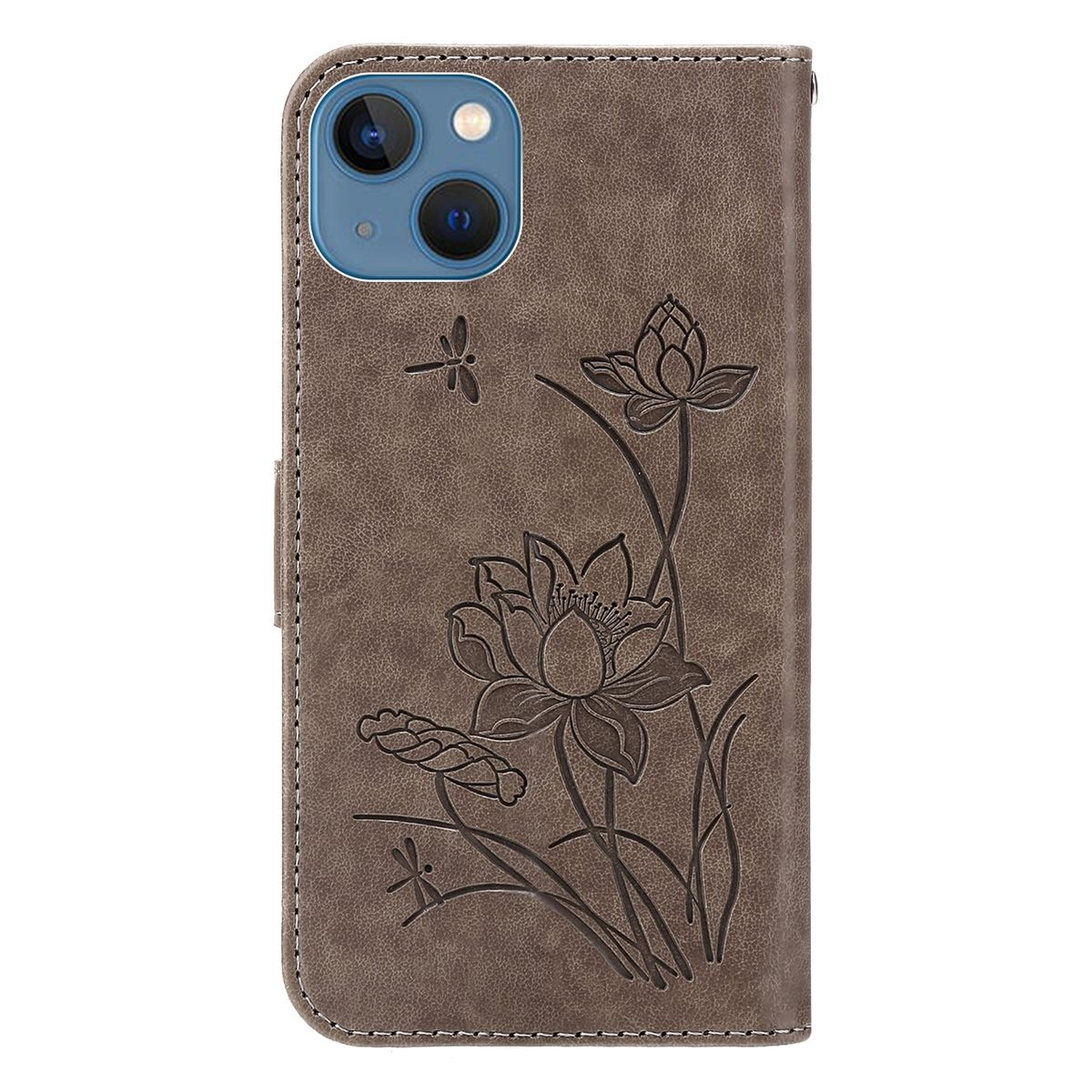 Braune Handyhülle mit Lotusblumen-Design. Hat eine Klappe und einen Kameraausschnitt.