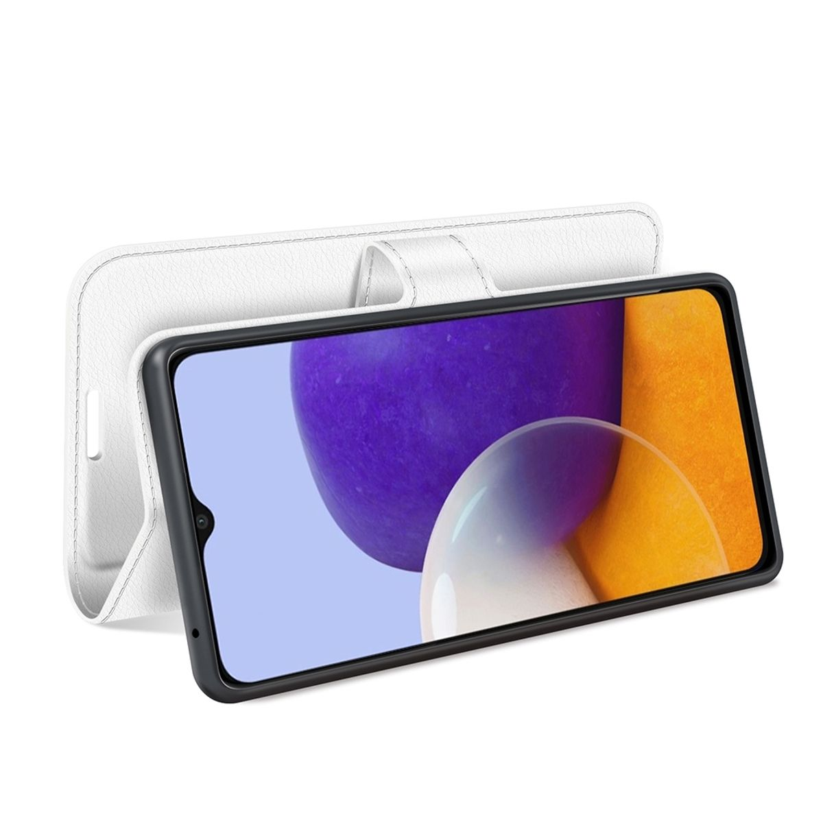 Weiße Handyhülle mit einem Telefon darin. Der Bildschirm zeigt ein farbenfrohes Bild.