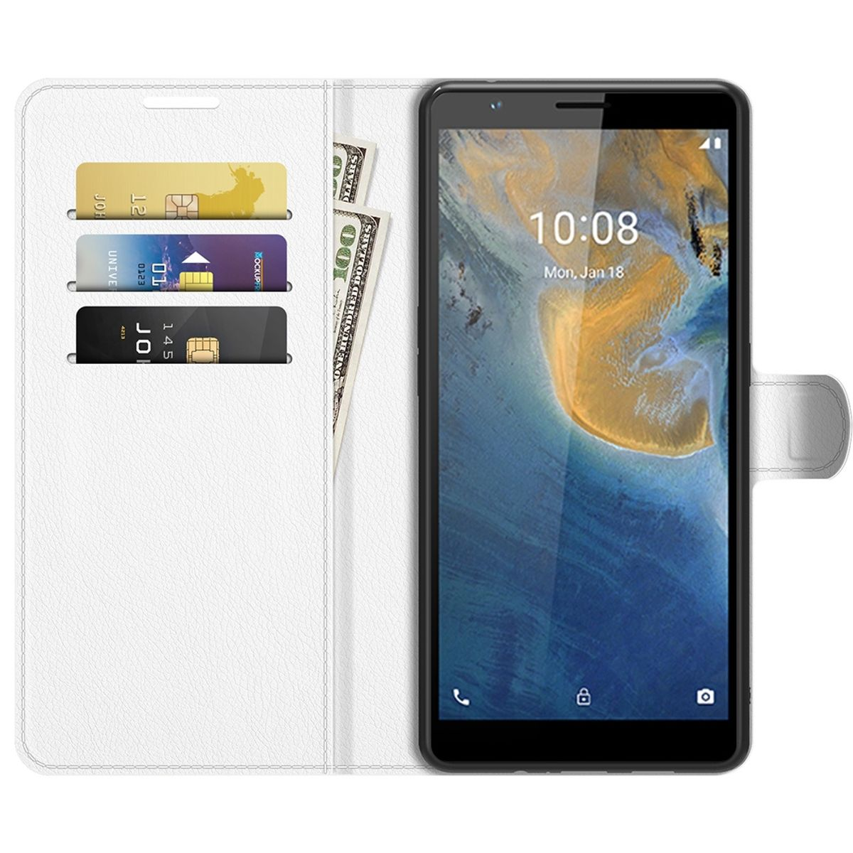 Weiße Handyhülle mit Kreditkarten und Geld, Telefon rechts. Weißer Hintergrund.