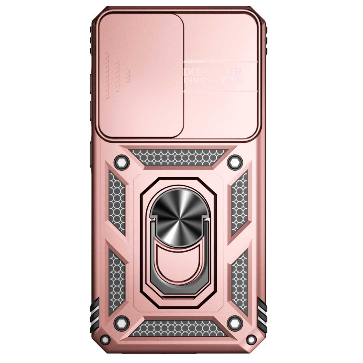 Roségoldfarbene Handyhülle mit Kameraabdeckung und Ringhalterung, auf weißem Hintergrund.