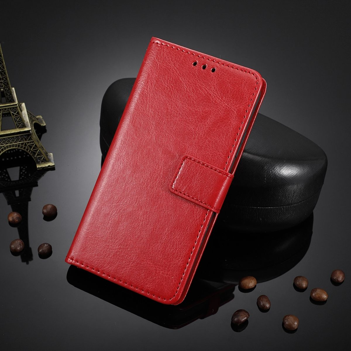 Rotes Leder-Handycase mit Magnetverschluss, Eiffelturm und kleinen Bohnen.