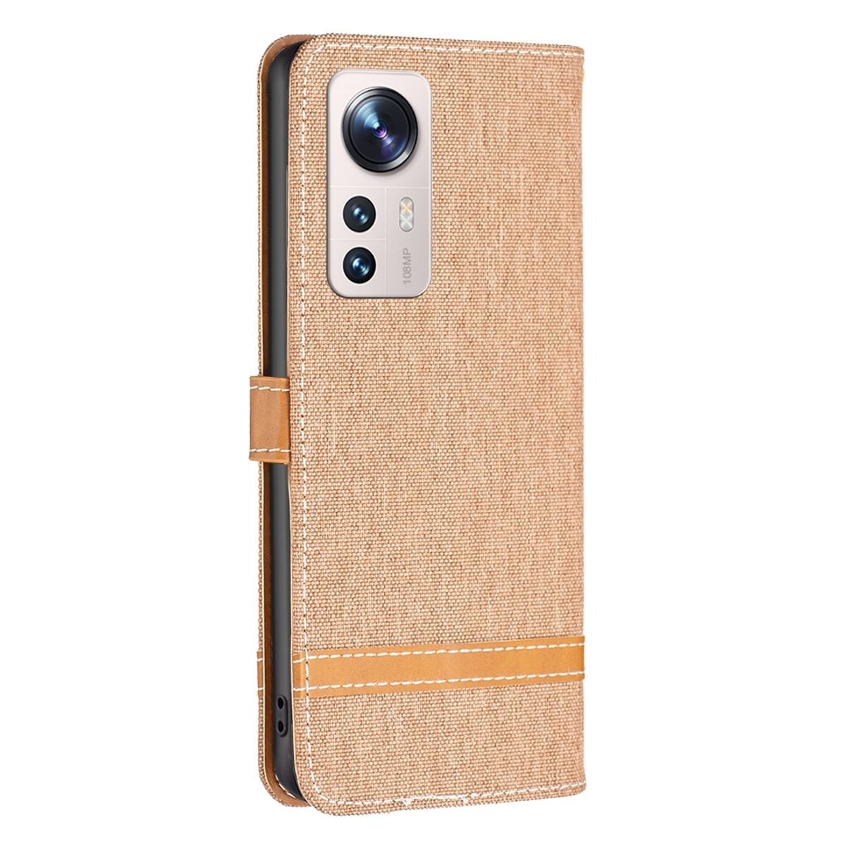 Beige Handyhülle. Rückseite des Telefons mit Kamera. Brauner Lederriemen mit Nähten.