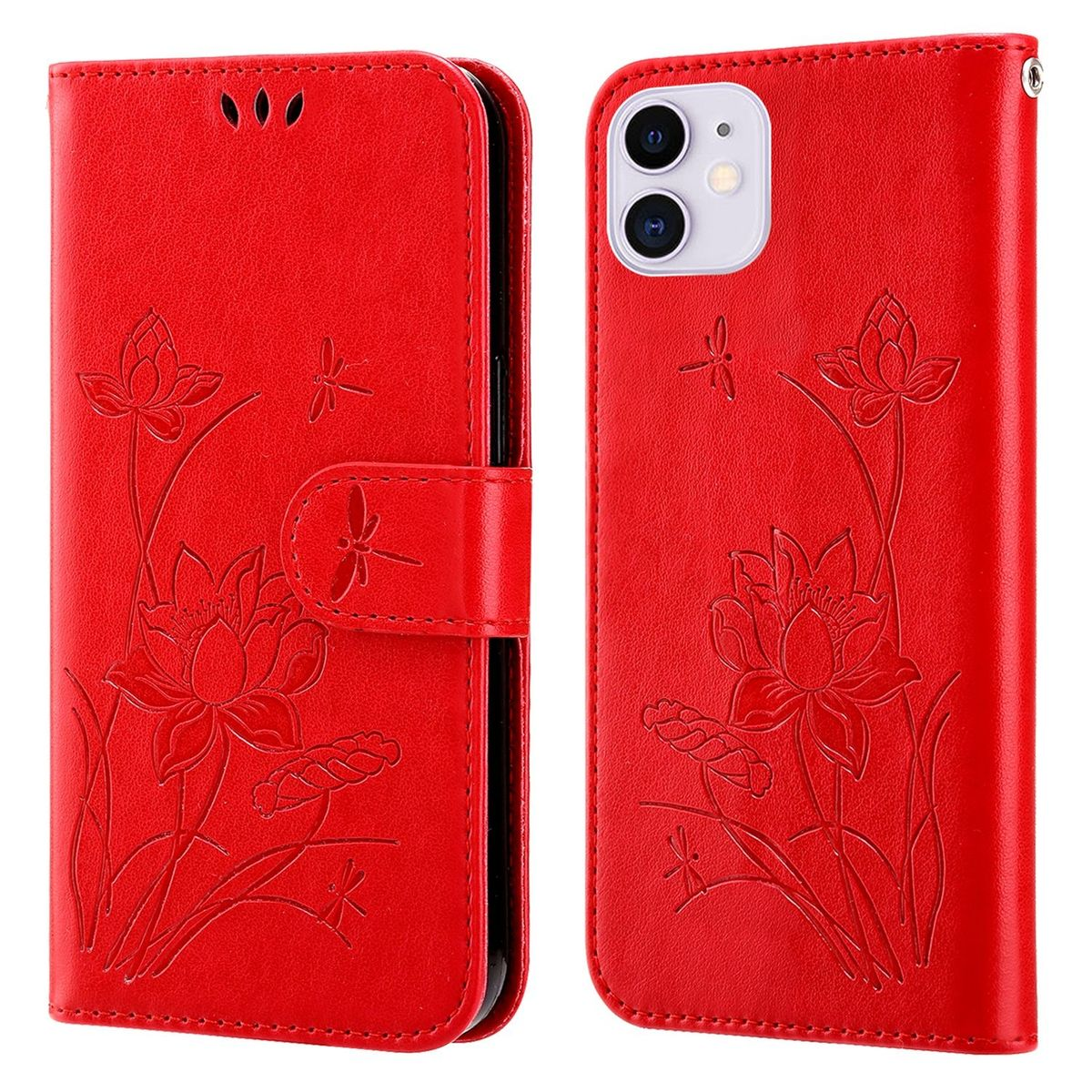 Rote Handyhülle mit Lotusblumenmuster. Geöffnete Hülle mit Telefon und geschlossene Hülle.