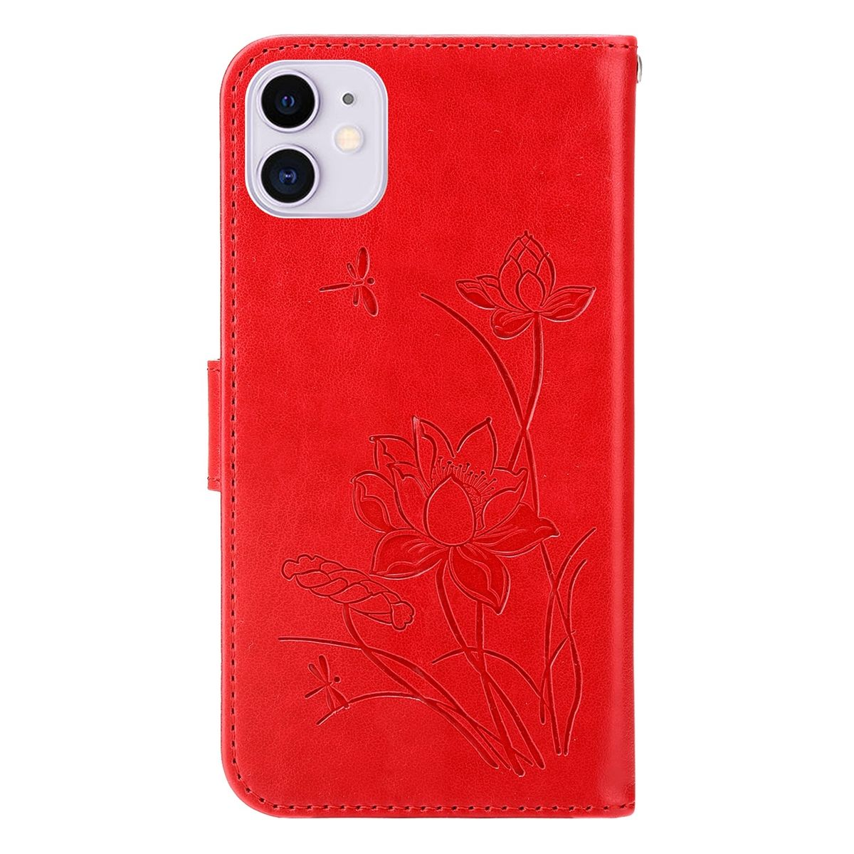 Rote Handyhülle mit Lotusblumen-Design. Eine Libelle ist in der Nähe des Lotus. Der Hintergrund ist rot.