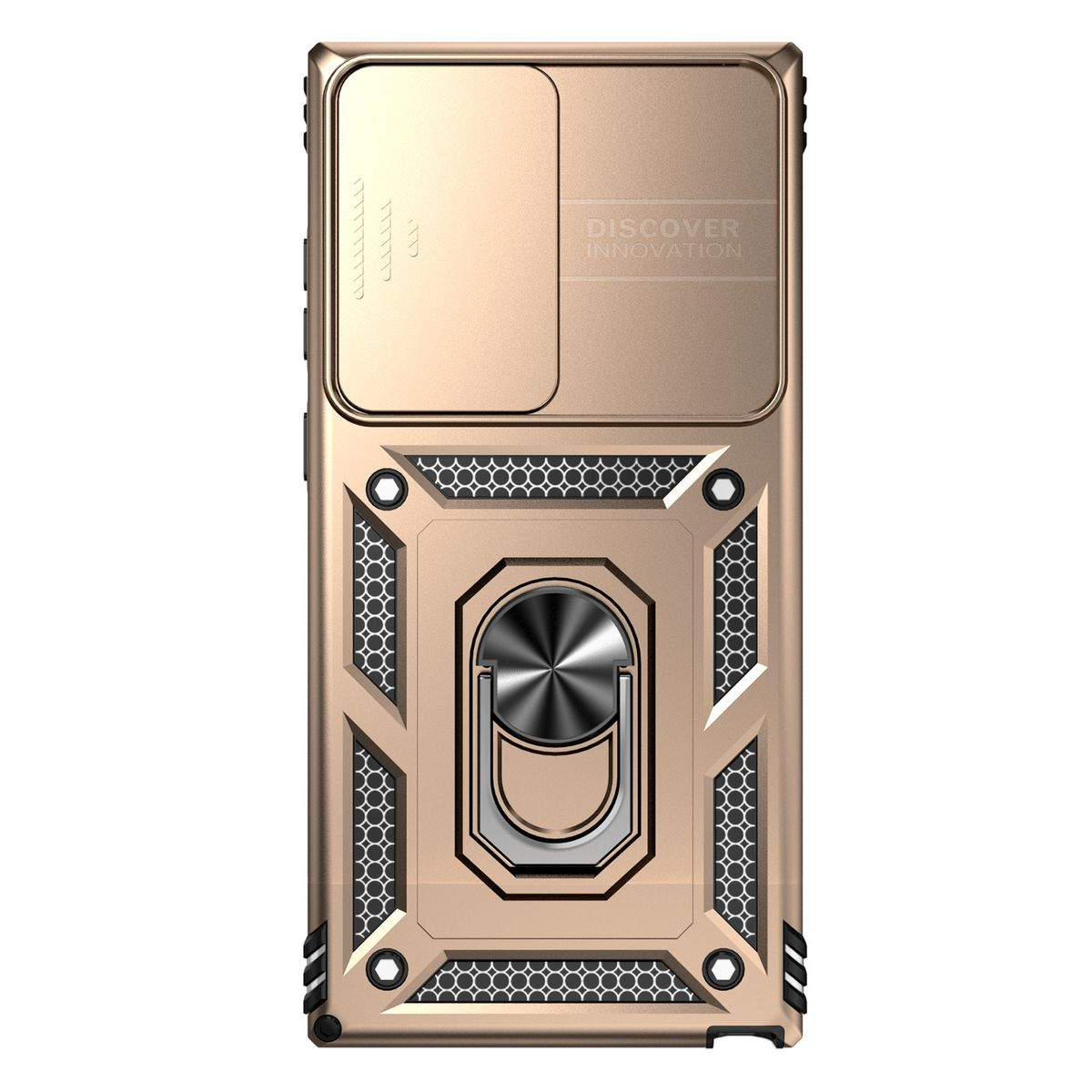 Goldene Handyhülle mit Schiebeabdeckung. Metallisches Design mit Ringständer.