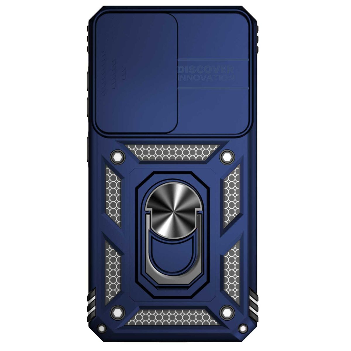 Blaue Handyhülle mit Schiebeobjektivabdeckung, Ringhalterung und sechseckigen Designelementen.