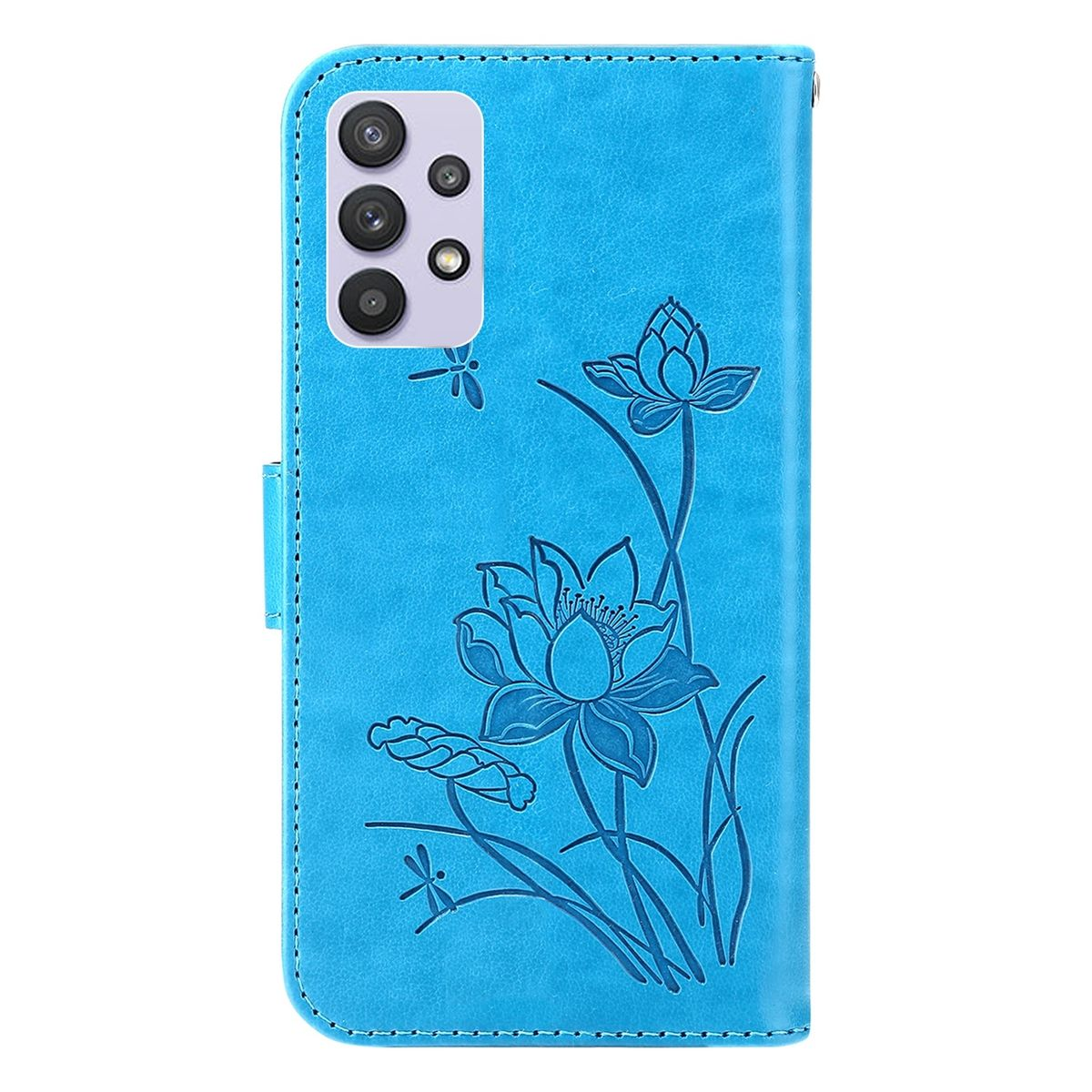 Blaue Handyhülle mit floralem Design und Telefon. Die Hülle ist geschlossen.