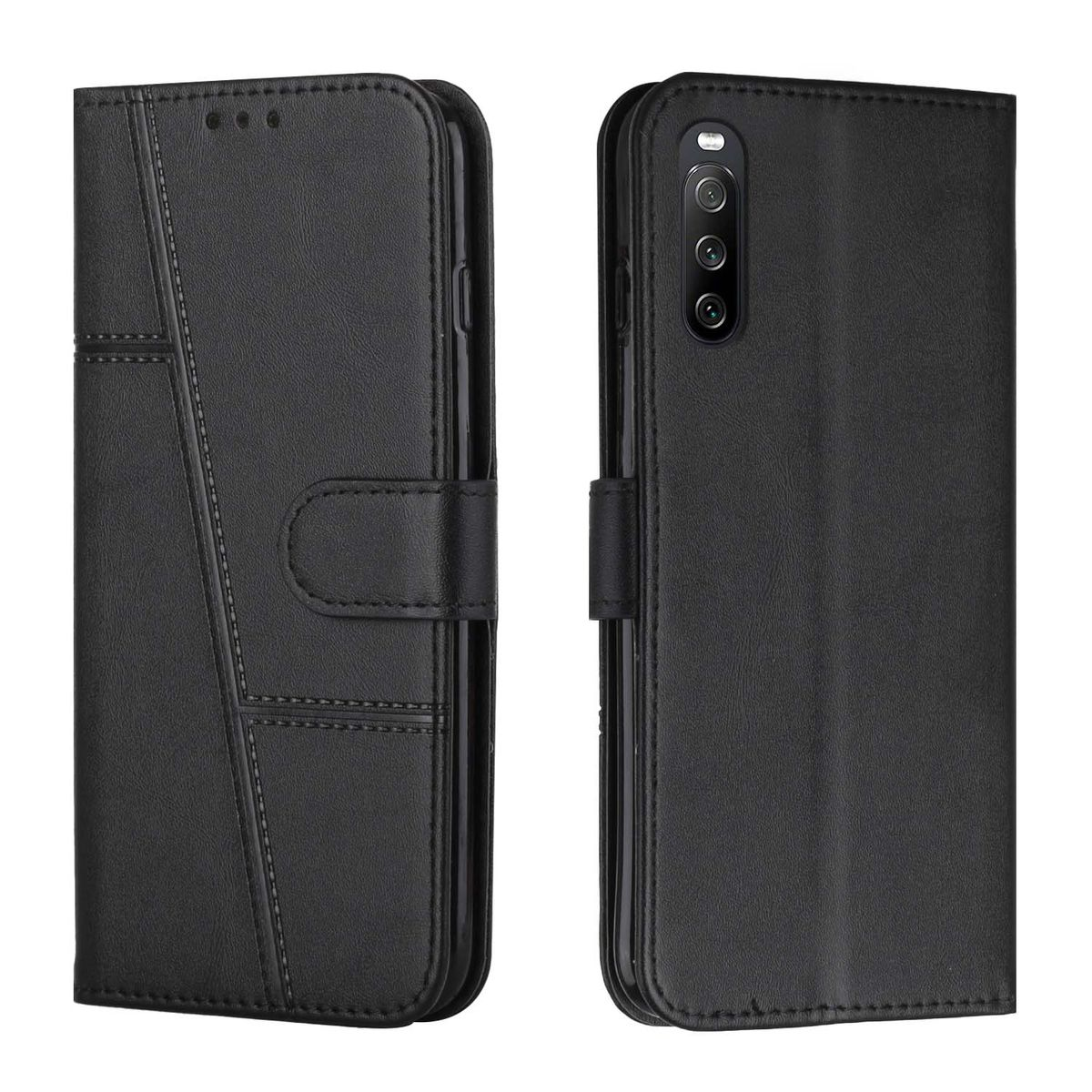 Schwarze Handyhülle, geschlossen und offen. Die offene Hülle zeigt das Telefon und einen Knopf.