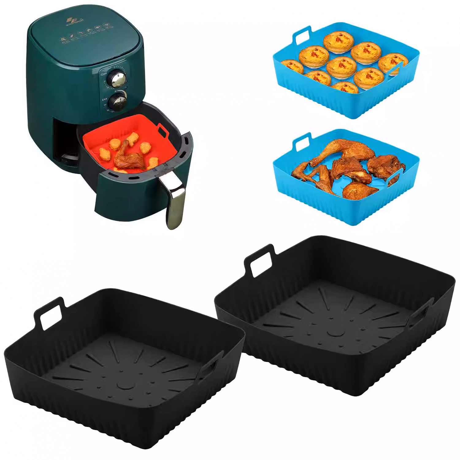 Air fryer with food inside and three silicone trays. One tray has food. Other trays are black and blue.